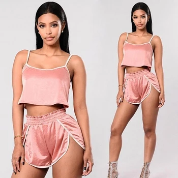 

Women Causal Summer 2Pcs Set Fashion Female Two Pieces Set Sexy Crop Top With High Waisted Cut Tie Elastic Waist Shorts