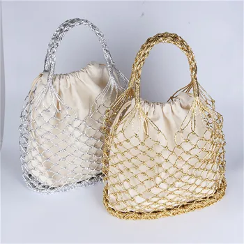 Gold silber 2 farbe helle papier seile hohl woven handtasche baumwolle futter stroh tasche weibliche Reticulate handtasche netted strand tasche — изображение 5