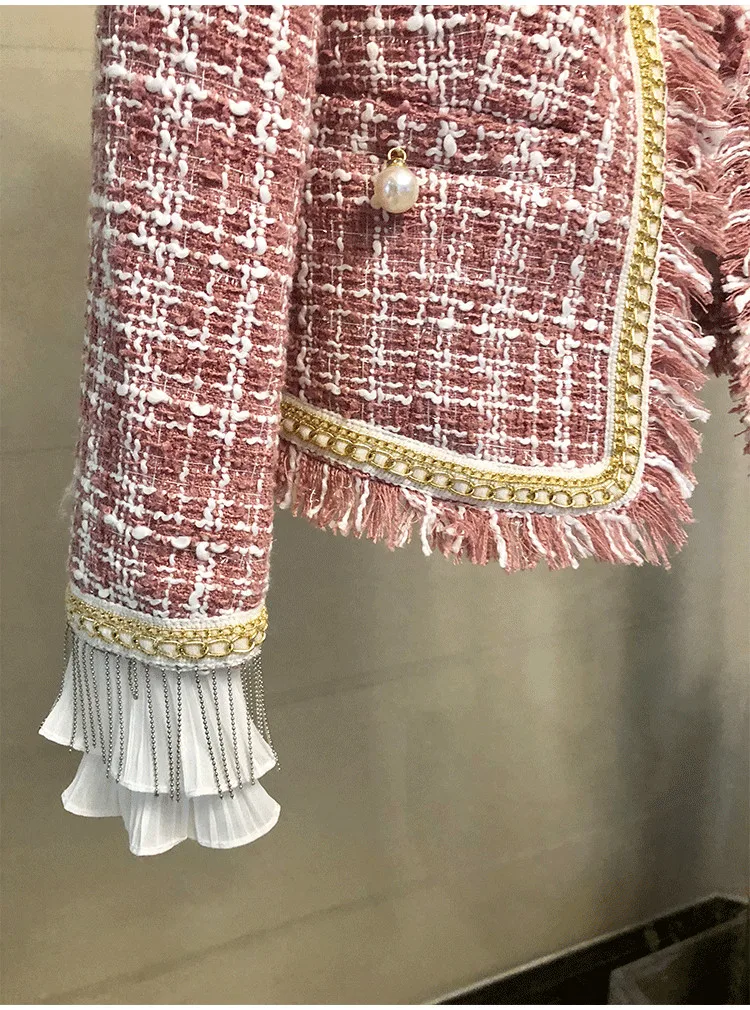 Новинка, Высококачественная розовая клетчатая Женская твидовая верхняя одежда, осеннее пальто с кисточками и бисером, куртка с длинными рукавами, модное пальто