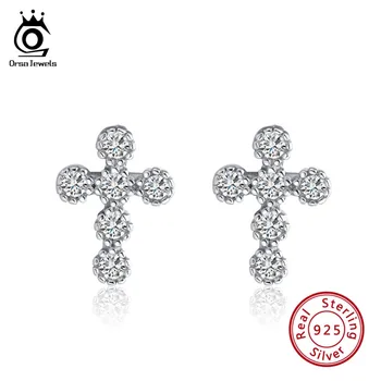 ORSA JEWELS 925 Sterling Silver Stud Earrings For Women Lovely Cross Earings With Zircon Rose Gold Color Silver Jewelry OSE106