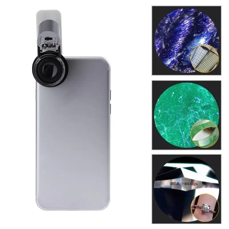 

65X Zoom Clip-on Microscope LED+ UV Light Magnifier Micro Lens for Mobile Phone Jewelry Coins Stamps Microscope