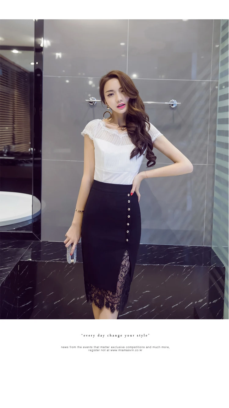 New Women Side Beading Lace Stitching Skirts Elegant High Waist Office Business OL Skirts Stretch Plus Size Midi Skirts Women