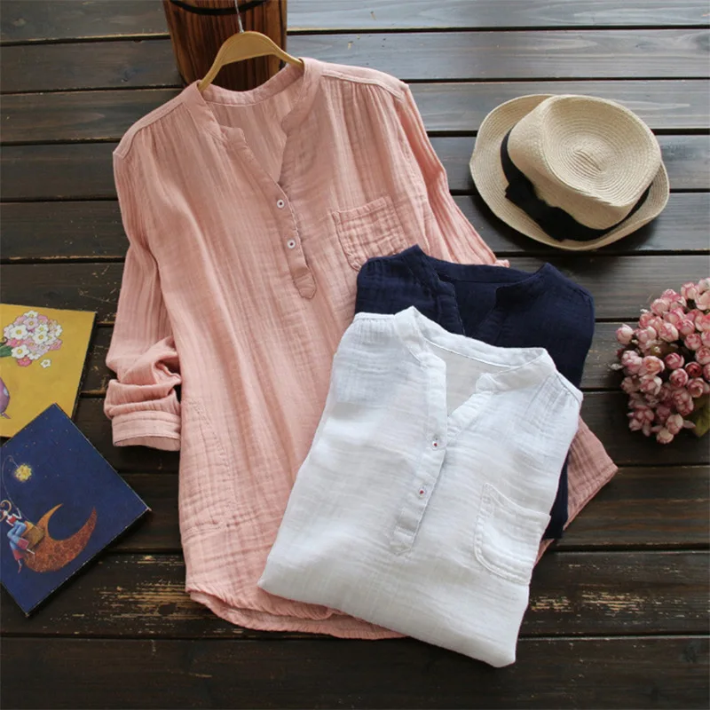 Women Solid Color Slim Loose Stand Collar Long Sleeve Spring Autumn Cotton Shirt Tops YL4749 |