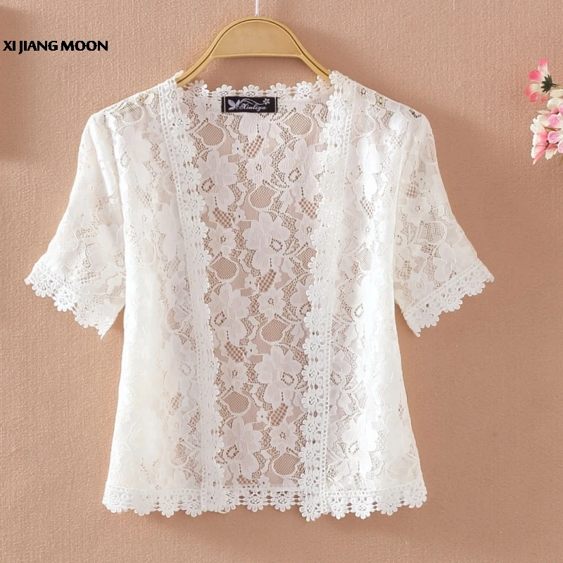 

Summer New Women Short Sleeve white Lace Sweater Knit Shoulders Lady'S Fashionable Short Cardigans For Women Shawl R316