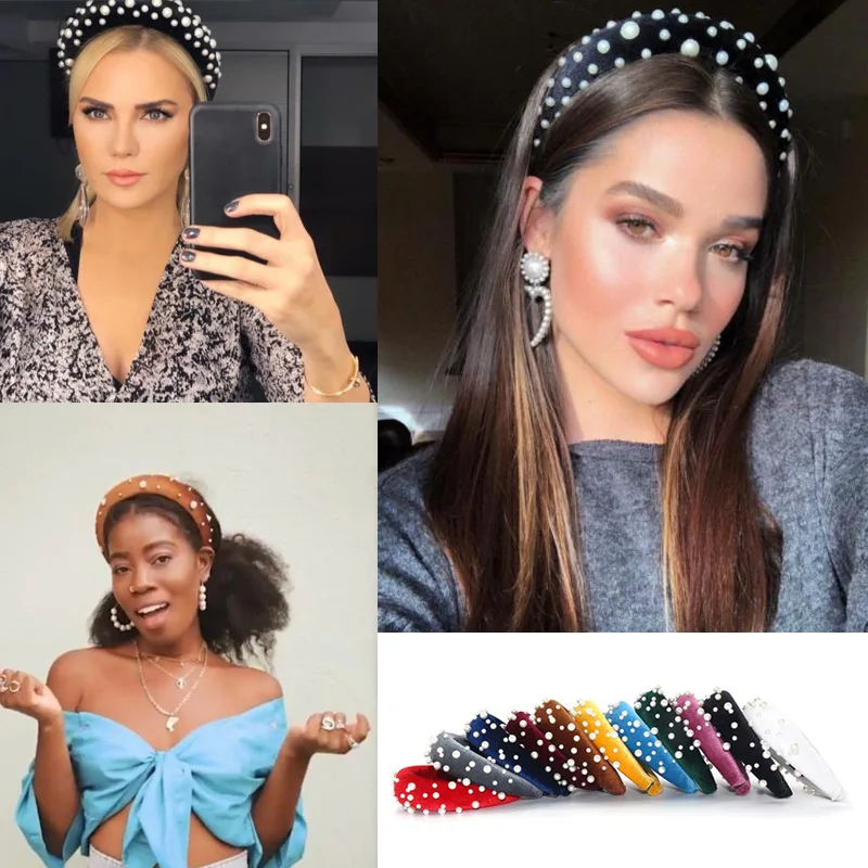 

Pearl Headband Special Design Pearl Stone Velvet Hairbands Handmade Women Crown Sponge Thick Head Hoop for Girls