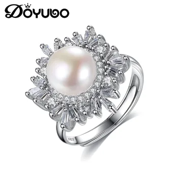 

DOYUBO Antique 925 Sterling Silver Pearl Rings Women Cubic Zirconia Flower Rings Jewelry Lady Freshwater Pearl New Rings VB298