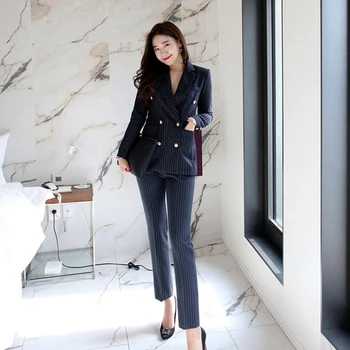 

2018 Autumn And Winter New Korean Striped Women Design Casual Double Breast Elegant Women Suit Female