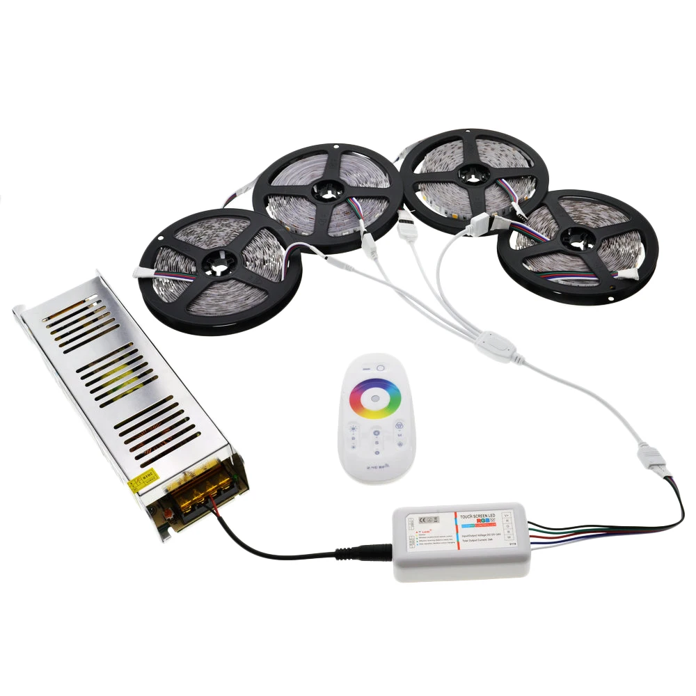 comprar 5 m 10 m 15 m 20 m 5050 RGB LED Strip Set Com 2.4g de Toque controlador Remoto RF tela + 12 v fonte de Alimentação Adaptador