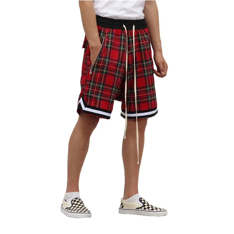 Мужской шотландский клетчатый шорты больших размеров, Джастин Бибер, уличная сетка, шотландская клетка, заниженная промежность, шорты с боковой молнией, эластичная талия, длина до колена
