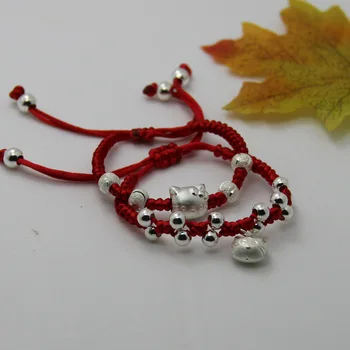 

990 Sterling Silver Beads Red Rope Hand Knit Children Bracelet 3D Cat Jewelry