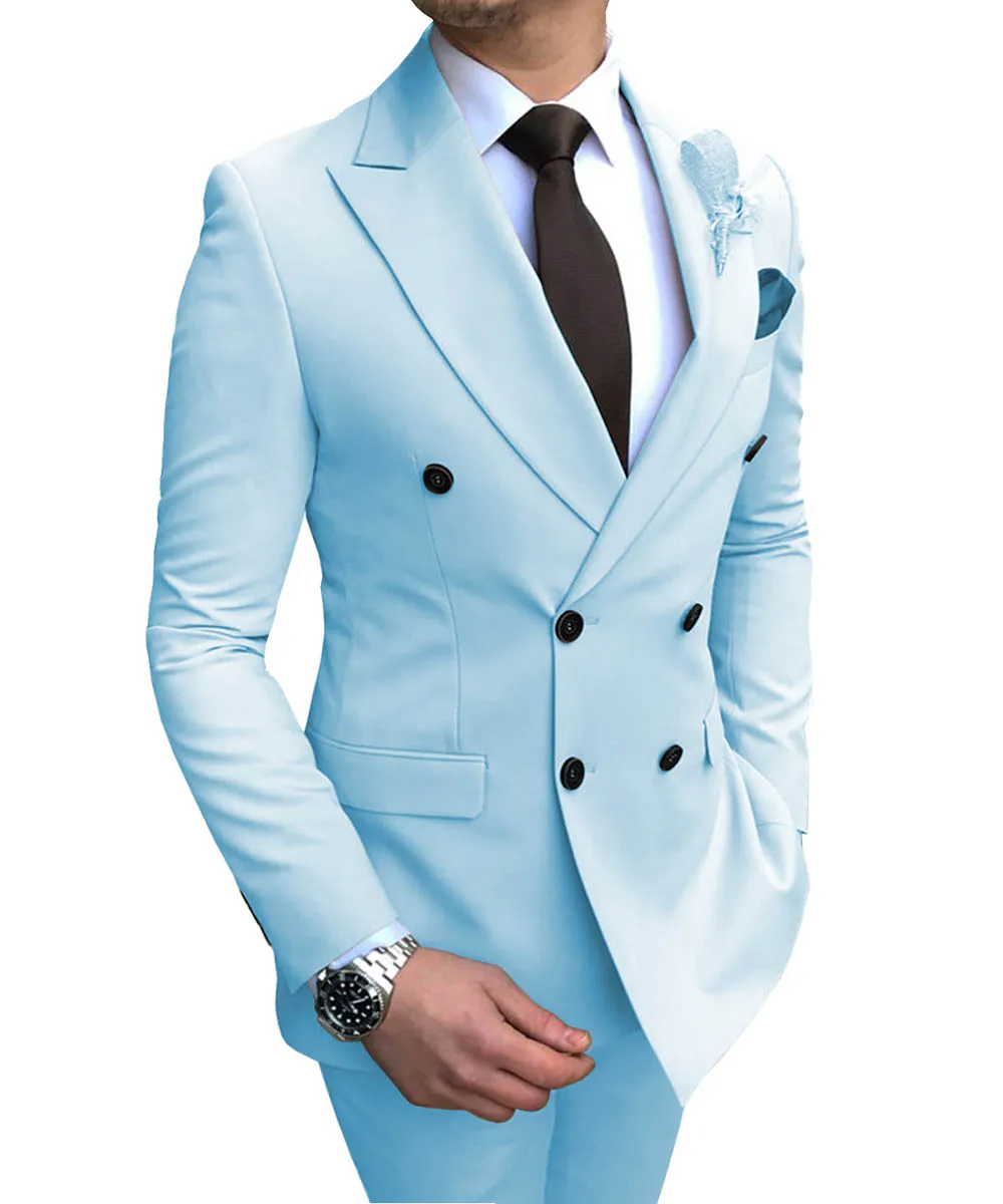  2019 New Beige Men's Suit 2 Pieces Double-breasted Notch Lapel Flat Slim Fit Casual Tuxedos For Wed - 33006055979