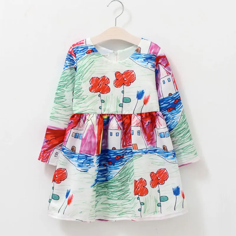 

2018 New spring autumn children costume fashion European&American style girls dresses Hand Painted long sleeve clothes for girls