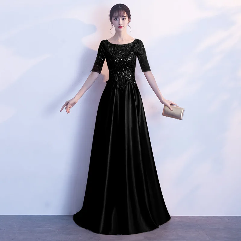 Luxury Prom Long Elegant Dresses Half Sleeves Gold Black Red Sequin Lace Formal Pageant Party Evening Gowns - Цвет: Черный