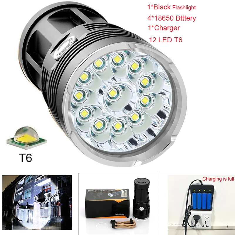 42000 lumens Flashlight 12*T6 LED Outdoor high Power waterproof Flash Light for Fishing with 4*18650 Battery+charger