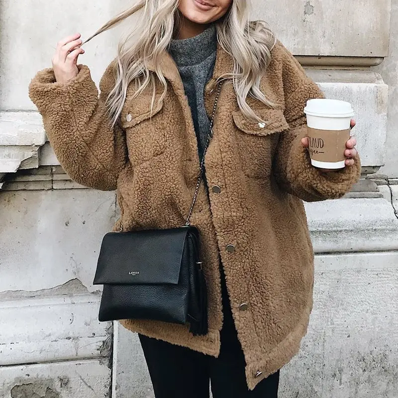 

Boho Casual Winter Plus Size Khaki Women Elegant Jackets Loose Thick Lapel Pocket Button Vintage Female Overcoats Fashion Coats