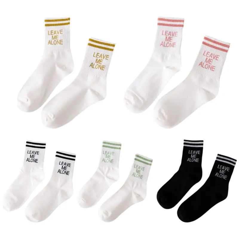Women Funny Letters Printed Cotton Long Ankle Socks Two Striped