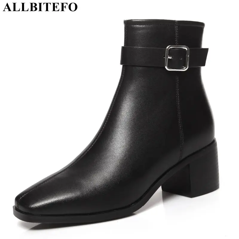 

ALLBITEFO large size:34-43 genuine leather buckle high heels ankle boots for women new winter snow women boots martin boots