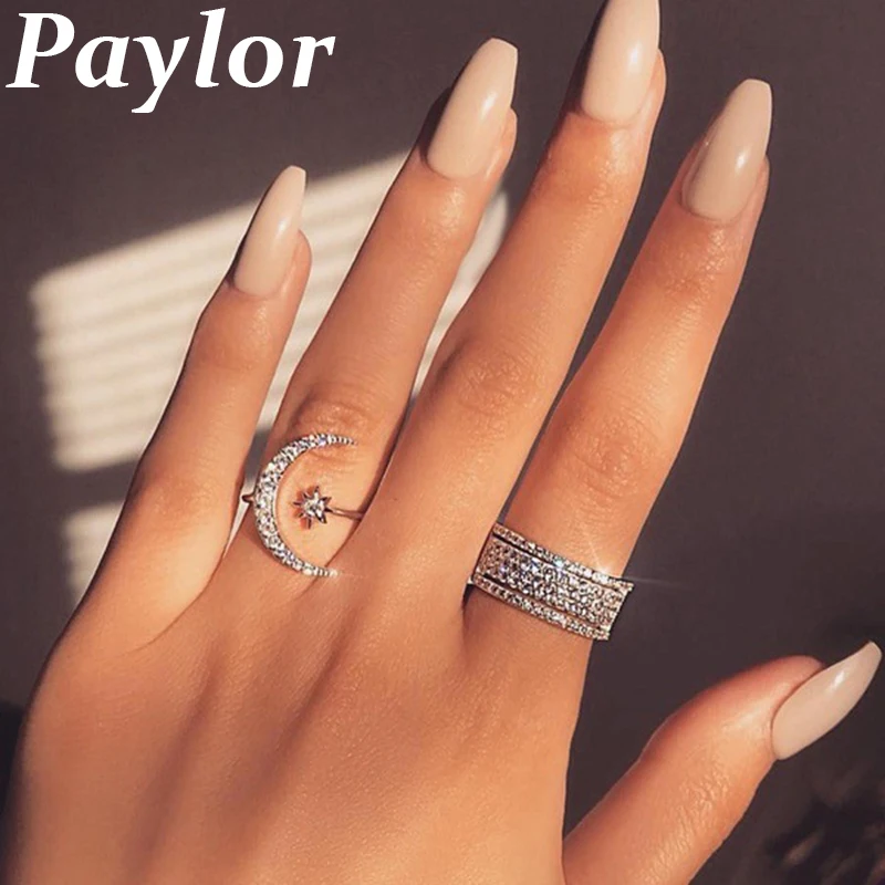 

New Fashion Ring Moon & Star Dazzling Crystal Rings for Women Girls Jewelry Open Finger Ring Wedding Engagement Jewelry Gift