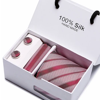 

Drop shipping Men's Tie Red Striped Jacquard Woven 100% Silk Gravata Hanky Cufflink Neck Tie For Wedding Business group necktie