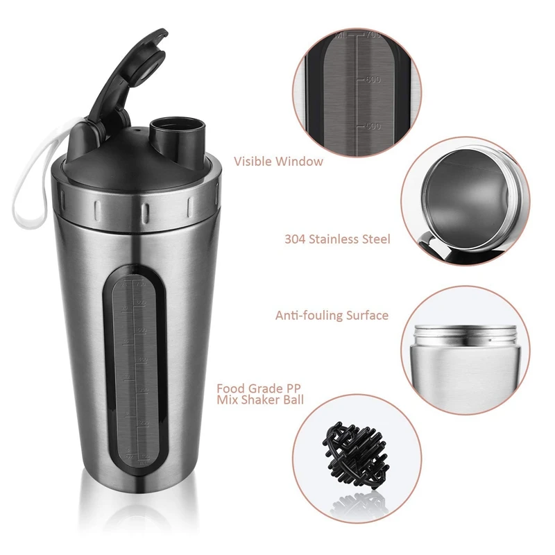 

Protein Shaker Bottle,Outdoor Leak-proof Water Bottle Stainless Steel Sports Water Bottle Shaker Cup, Leak Proof,BPA Free Silver