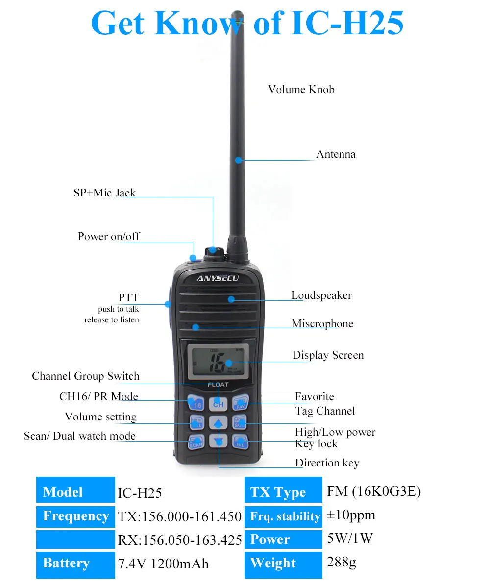 Anysecu IC-H25 IP67 Водонепроницаемый международный канал погода канал поплавок Двойной Walkie Talkie Ham Canadian Channel ручной Int