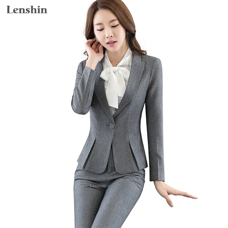 Lenshin, комплект из 2 предметов, женские деловые костюмы, формальные, офисные, женские, униформа, дизайн, стильные, серые, брючный костюм, новая Женская рабочая одежда, блейзер