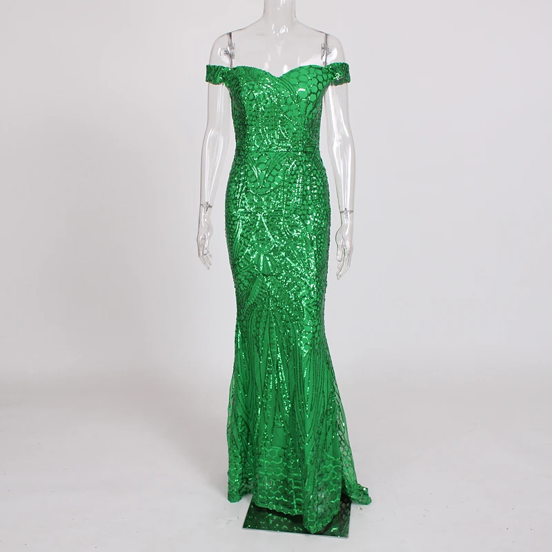 Зеленое элегантное вечернее Клубное платье с блестками вечерние платья с блестками Макси платье с открытыми плечами длина до пола