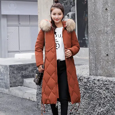 Hndjxxxy2018, зимняя куртка, женская, цветная, с большим мехом, с капюшоном, толстая, пуховая парка, длинная, Женская куртка, пальто, тонкая, теплая, зимняя верхняя одежда - Цвет: Коричневый