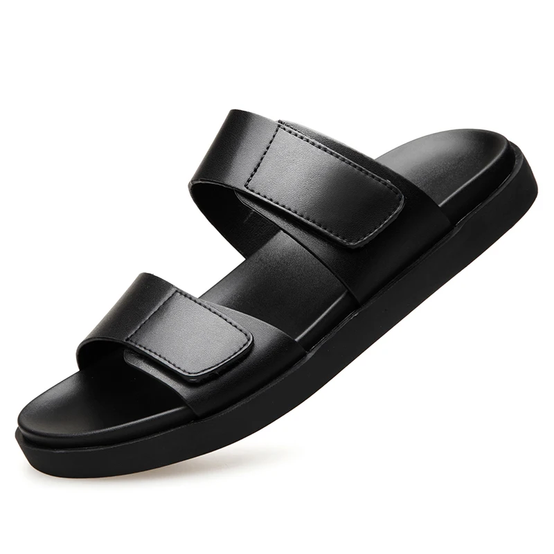 

2019 Summer Men's Sandals Leather Simple Black Comfortable Men Beach Shoes Gladiator Open Toed Sandals Men Slippers DA060