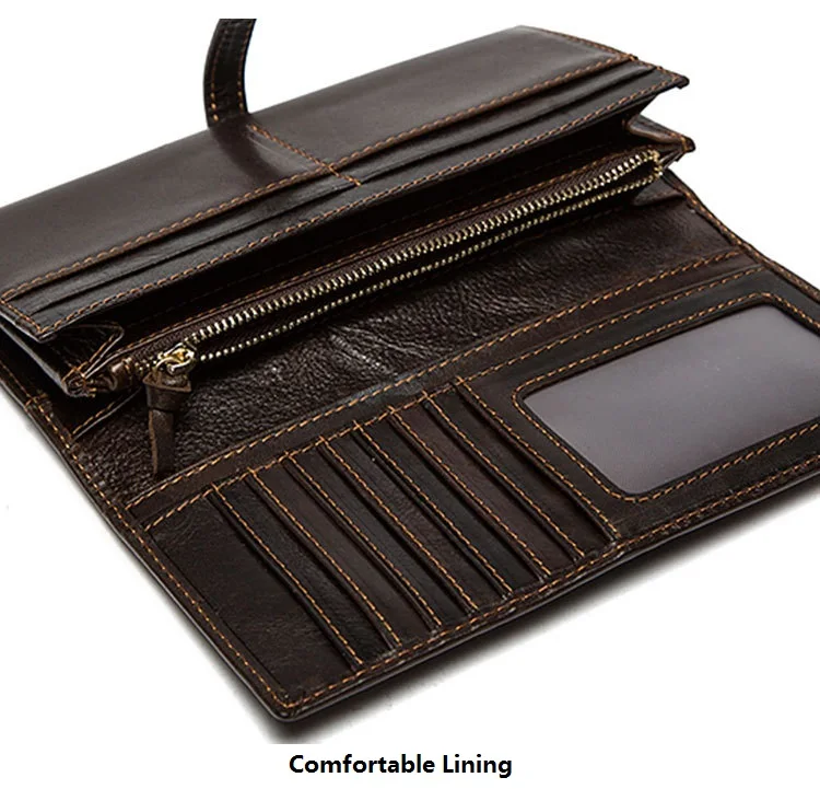 MJ Men's Genuine Leather Wallet Bi-Fold Real Leather Long Wallet for Men Quality Card Holder Male Purse Coin Pocket Dark Coffee (12)