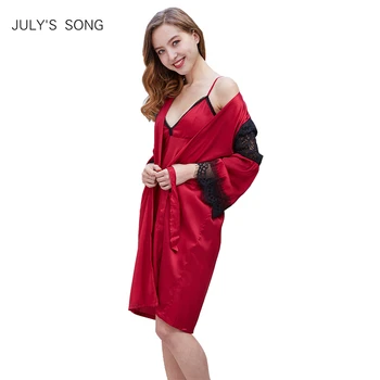 

JULY'S SONG New Lace Faux Silk Women Robe Set Nightdress Spring Summer Nightgowns Women Sleepwear Dress Woman Pajamas Bathrobe