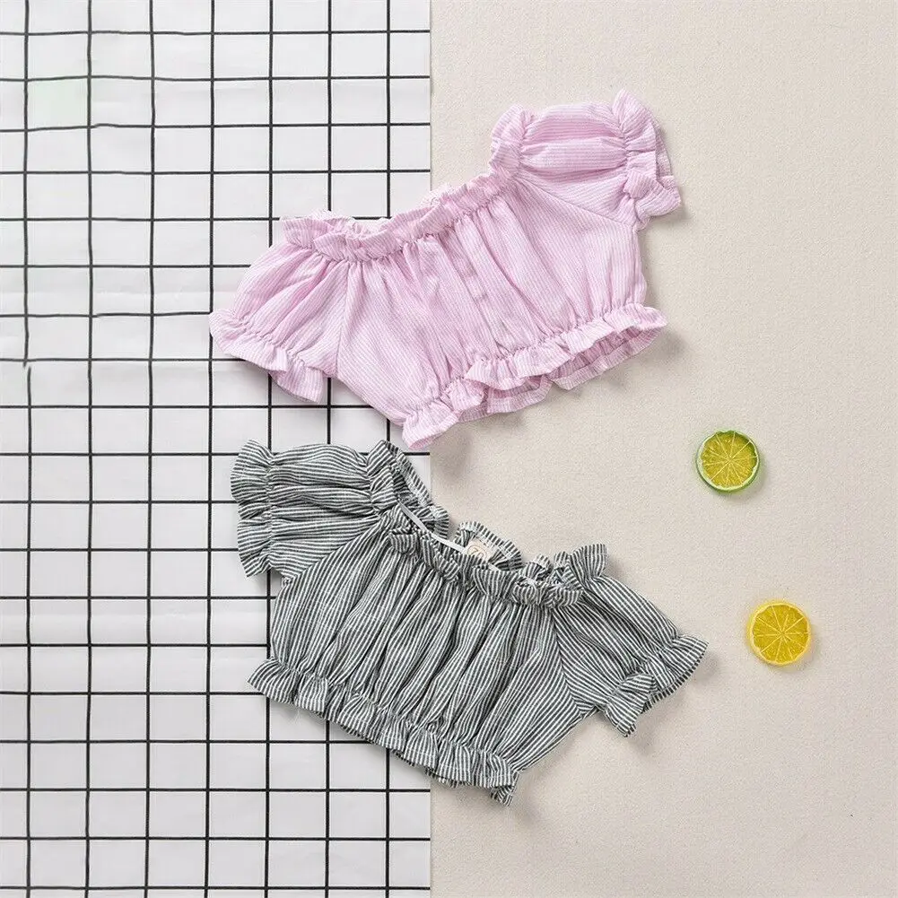 

Toddler Baby Girl T-Shirts Clothes Summer Cropped Ruffles Plaid Striped Top T-shirt Off Shoulder Outfit