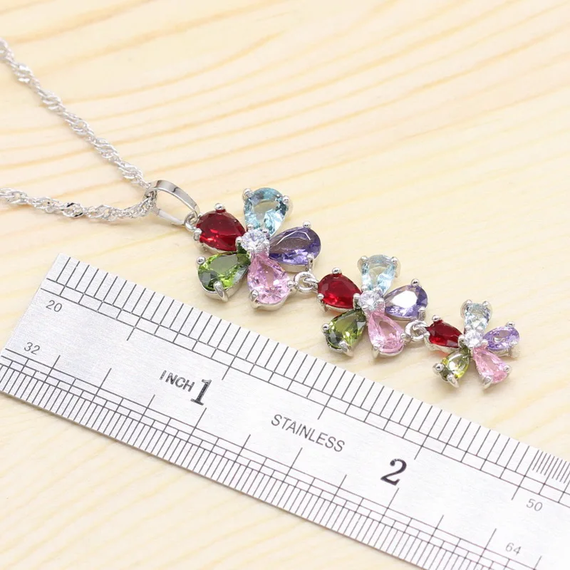 Цветок Форма многоцветный цирконий серебряные свадебные комплекты украшений для женщин Свадебные браслет сережек с кольцами-подвесками цепочки и ожерелья