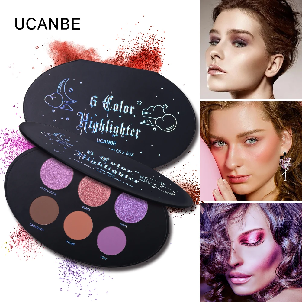 6 Colors UCANBE Glitter Highlighter+Blush Makeup Palette High shine Brighten Face Bronzer