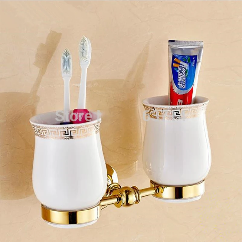 Buy Classic Gold Bathroom Double Cup Holder Toothbrush
