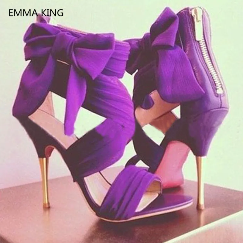 

New Purple Elegant Women Gladiator Sandals Open Toe Gold Heel Designer Shoes Woman Party High Heels Ladies Bow-Knot Roman Sandal