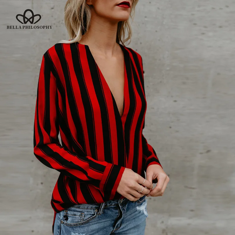 

Bella Philosophy 2019 Spring Women Long Sleeve Sexy Deep V-Neck Striped Shirt Casual Lady Office Style Women Blouses Work Shirt