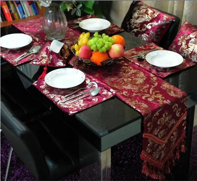 EuropeanDark red luxury ice velvet coffee table runner meal table