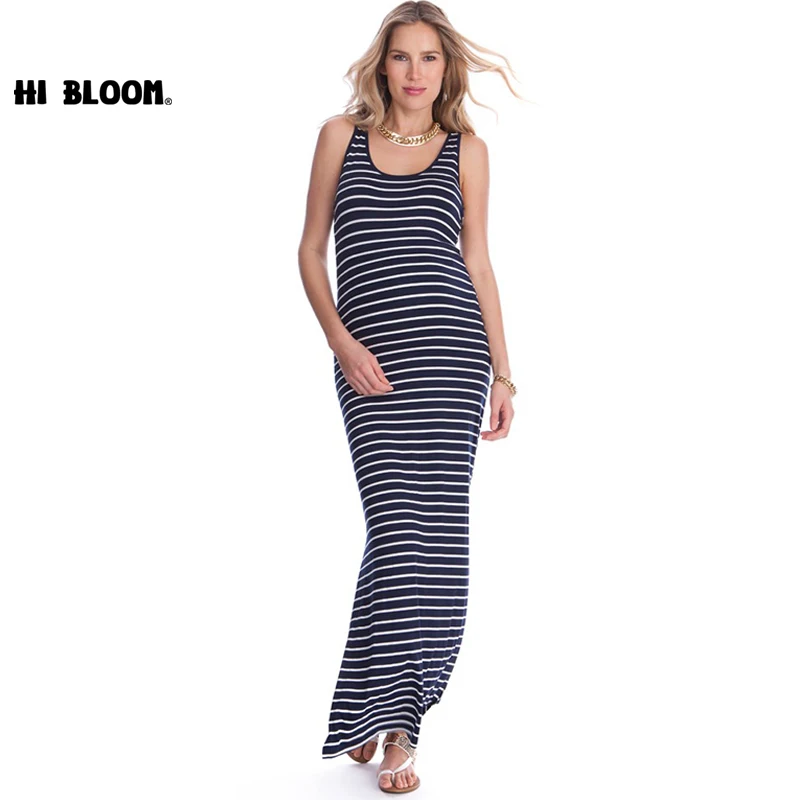 

Summer Cotton Sleeveless Maternity Dresses Pregnant Women's Striped Dress Blue Maxi Maternity Split Dress Pregnancy Clothes