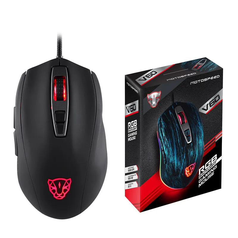 Motospeed V60 RGB Программирование макросов 5000 dpi игровая мышь USB компьютер 7 кнопок Wried оптическая мышь с подсветкой светодиодный - Цвет: Черный