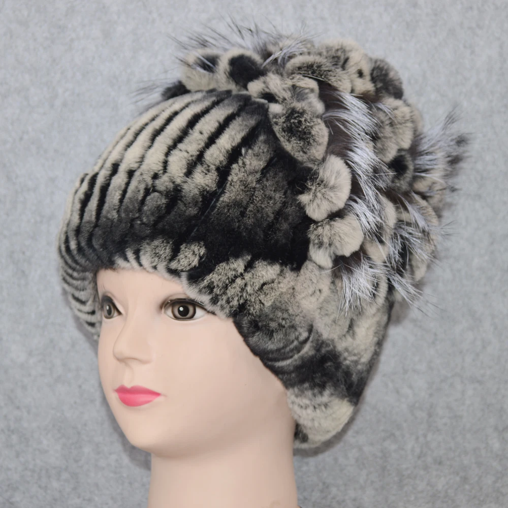 Стиль женский Настоящий мех кролика Skullies шапки Роскошные вязаные цветы натуральная шапка из меха кролика рекс зимние натуральный мех шапочки