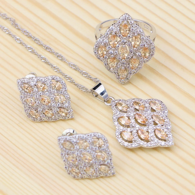 

Jewelry Sets For Women 925 Sterling Silver Pendant Necklace Ring Stud Earrings Champagne Cubic Zirconia Accessories