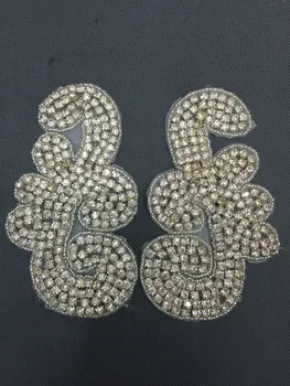 

Free shipping glass clear crystal bridal iron on rhinestones pearl motifs sash beaded rhinestone applique in pair DIY