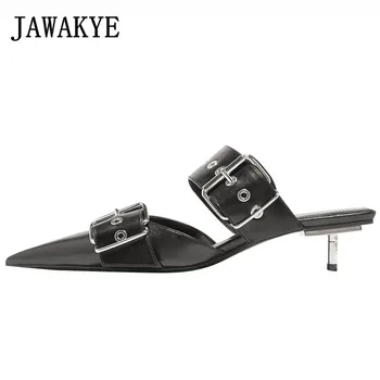 

Runway Genuine Leather Kitten Heels Women Slippers Sexy Pointy Toe Belt Metal Buckle Summer Shoes Woman Female Slides Slipper