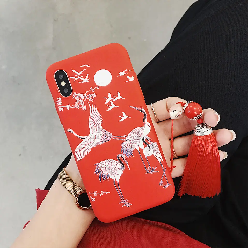 Phone Case For iPhone X 7 8 6 Covers Funda 6s Capa Chinese style retro red crane Back Cases Plus |