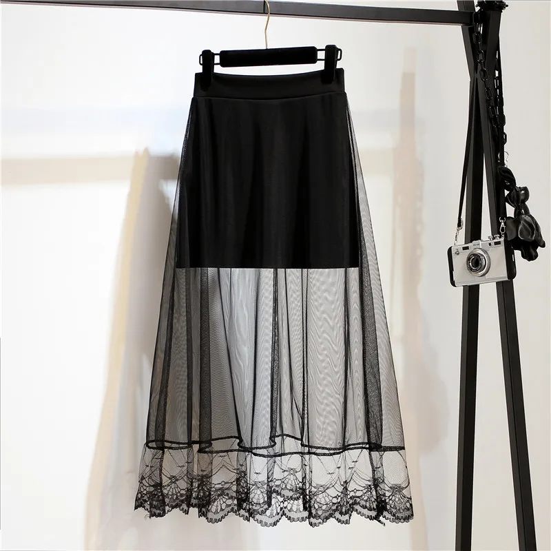 Women Lady Sexy Fishtail Long Skirt Net Yarn Black Perspective Summer
