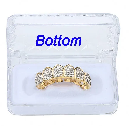 Блеск хип-хоп Grillz клыки AAA циркон кластер Рот зубы Grillz шапки Топ и низ гриль набор для мужчин и женщин вампир грили - Окраска металла: Gold Bottom