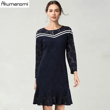 

Autumn Lace Dress Women Clothing Navy Blue O-neck Wrist Sleeve Rib Fishtail Hem Spring Dress Plus Size 5xl 4xl 3xl 2XL Xl L M