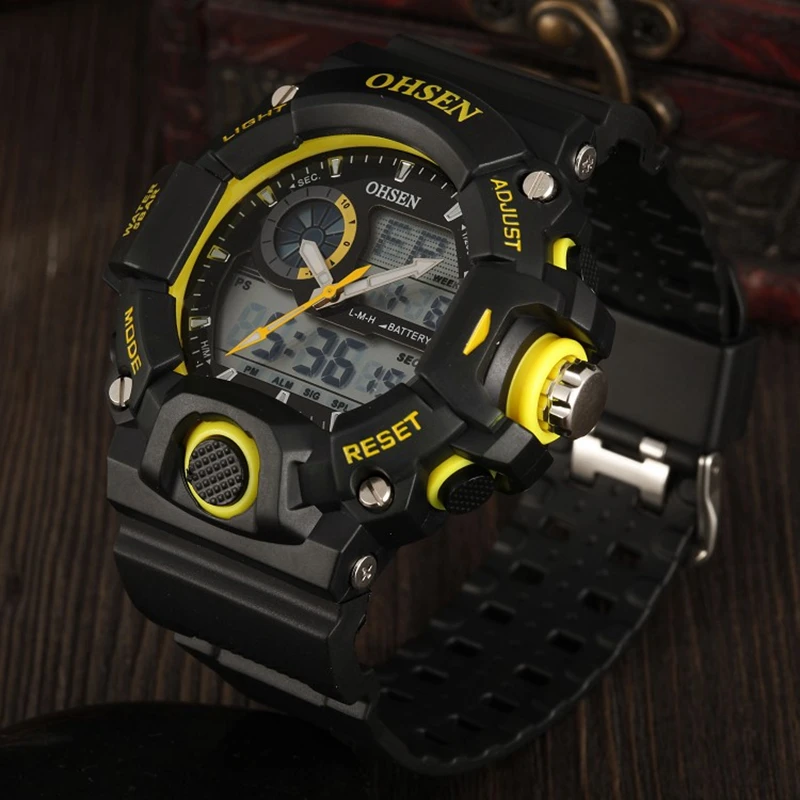 

OHSEN Digital Quartz Sport Men's Watch Mens Male Wristwatches Yellow Dial Fashion 50M Waterproof Casual LCD Clocks Gift