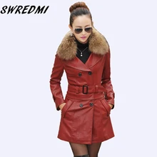 SWREDMI длинная куртка с отложным воротником большого размера, натуральный мех, воротник, кожаная куртка женская модная одежда, верхняя одежда женские пальто